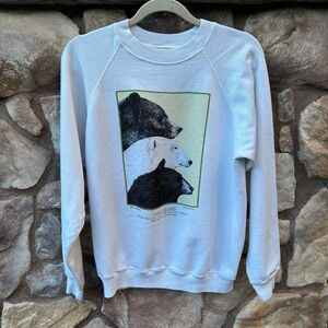 VTG 3 Bears White Sweatshirt Grizzly Polar Black  Bear 1981 Diana Tyler Large